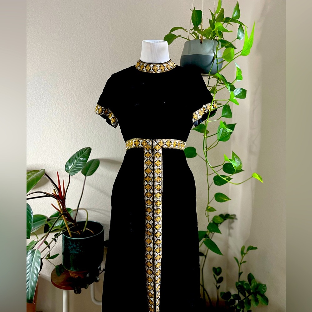 OOAK 1970s Black Velvet Dress - Medieval Revival Evening Dress